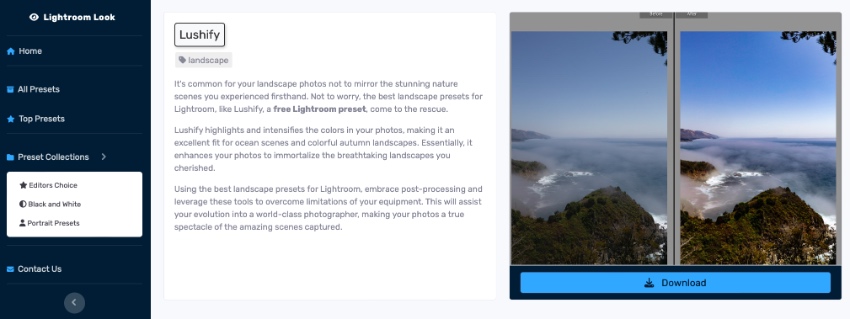 Choose a free Lightroom preset from our library and click Download.